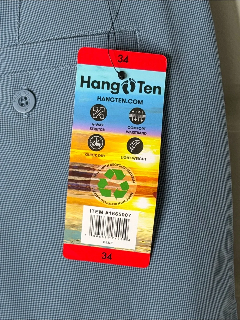 Hang Ten Men's Hybrid Walkshorts Blue Micro Check 4-Way Stretch Size 34 NWT